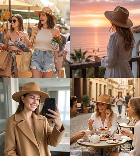 Lisianthus Women Classic Felt Fedora Wide Brim Hat with Belt Buckle - color: Camel
