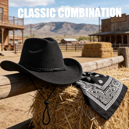 Classic Western Cowboy Hat, Unisex Felt Cowboy hat with Wide Brim and Band, Ideal for Rodeos, Costume Parties, Outdoor Wear - color: Black3