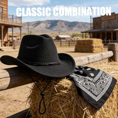Classic Western Cowboy Hat, Unisex Felt Cowboy hat with Wide Brim and Band, Ideal for Rodeos, Costume Parties, Outdoor Wear - color: Black3