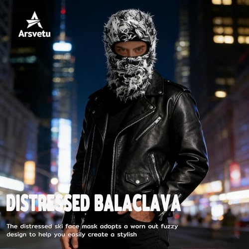 Distressed Ski Mask Balaclava, Yeat Shiesty Knitted Full-Face Mask - color: Blackwhite