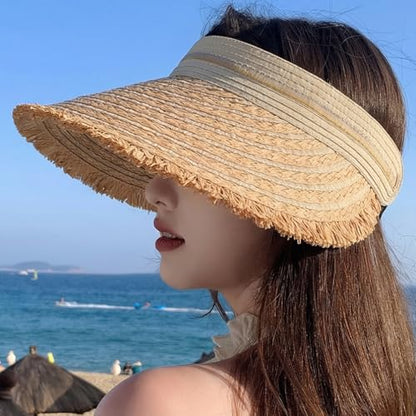 Straw Sun Visor Summer UV Protection Packable Wide Brim Beach Hat Ponytail Women - color: A-beige