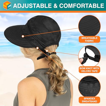 SUN CUBE Womens Sun Hat UV Protection Wide Brim Zip-Off Golf Visor - color: Black