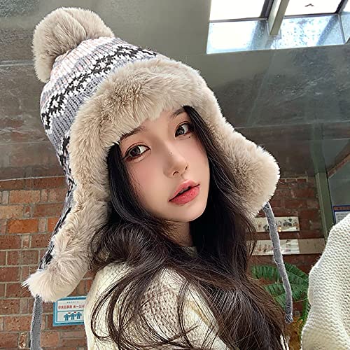 Women Winter Beanie Hat Thick Fleece Lined Warm Earflap Trapper Hat Pom Pom Jacquard Knited Outdoor Ski Snow Cap - color: Gray