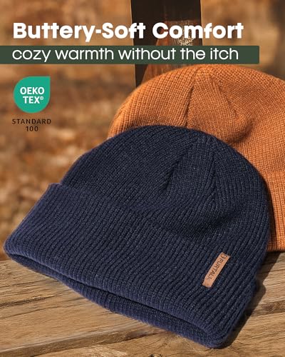 FURTALK Fisherman Beanie for Men Women 2 Styles Cuffless or Cuffed Knitted Unisex Winter Hat Outdoor All-Day Warmth - color: Navy