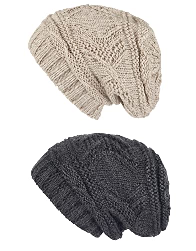 Lilax Knit Slouchy Oversized Soft Warm Winter Beanie Hat - color: Beige/Gray - 2 Pack