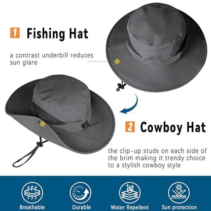 ZOORON Sun Hats for Men Women, Wide Brim Safari Hats UV Protection UPF50+ Waterproof Boonie Hats for Fishing Hiking Camping - color: With One Pair Cooling Sleeves-1pack-darkgray