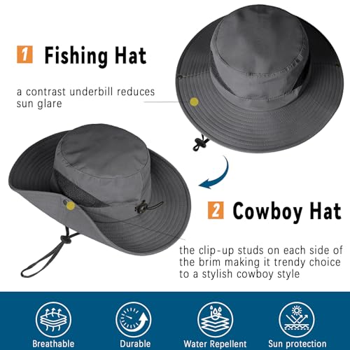 ZOORON Sun Hats for Men Women, Wide Brim Safari Hats UV Protection UPF50+ Waterproof Boonie Hats for Fishing Hiking Camping - color: 2pack-light Gray+dark Gray