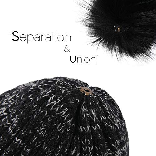 FURTALK Womens Winter Knitted Beanie Hat with Faux Fur Pom Warm Knit Skull Cap Beanie for Women - color: Mixed Black With Black Pom