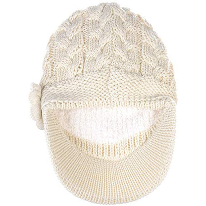 BYOS Womens Winter Chic Cable Warm Fleece Lined Crochet Knit Hat W/Visor Newsboy Cabbie Cap - color: Cable W/ Flower Ivory