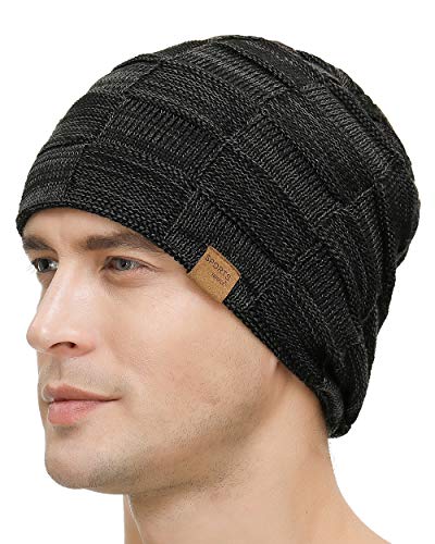 Vgogfly Slouchy Beanie for Men Winter Hats for Guys Cool Beanies Mens Lined Knit Warm Thick Skully Stocking Binie Hat Pairs - color: Black / Coffee