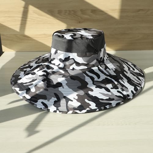 Wide Brim Sun Hat for Men Women UV Protection Bucket Fishing Hats - color: Black-white Camo