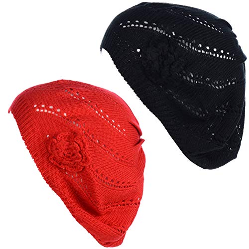 BYOS Chic Parisian Style Soft Lightweight Crochet Cutout Knit Beret Beanie Hat - color: 2-pack Swirl Red & Black