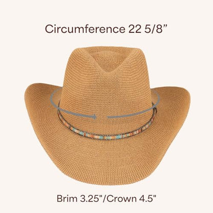 C.C Knitted Cowboy Hat for Women Lightweight Woven Western Hat with Multicolor Trim Band, Wide Brim Summer Sun Hat - color: Dk. Natural