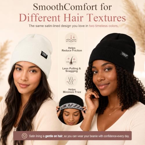2 Pack Satin Lined Beanies for Men and Women Warm Cuffed Winter Hats - color: Black+white