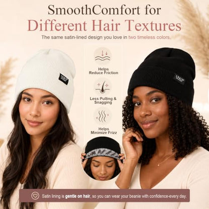 2 Pack Satin Lined Beanies for Men and Women Warm Cuffed Winter Hats - color: Black+white