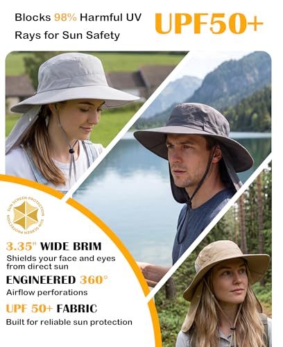 Home Prefer UPF 50+ Wide Brim Sun Hats with Neck Flap Sun Protection Hat for Men Women Gardening Fishing Summer Bucket Hat - color: Khaki