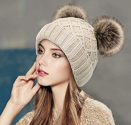 Arctic Paw Womens Winter Hat Cable Knit Beanie for Women Faux Fur Pompom Ears - color: Beige_grid