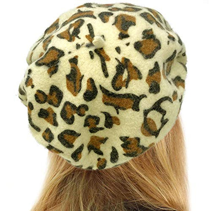 Classic Winter 100% Wool Warm French Art Basque Beret Tam Beanie Hat Cap - color: Leopard White