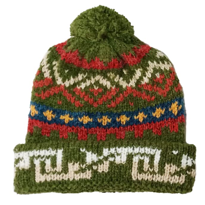 TINKUY Peru Alpaca Wool Winter Beanie, Handmade Bobble Hat, Unisex, One Size - color: Military