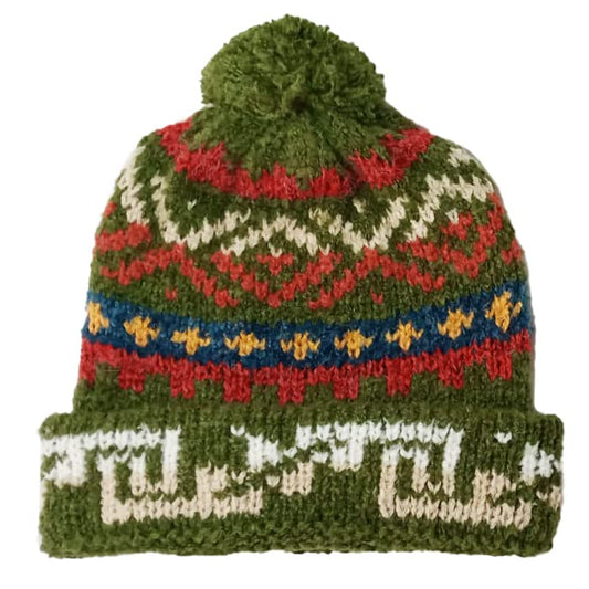 TINKUY Peru Alpaca Wool Winter Beanie, Handmade Bobble Hat, Unisex, One Size - color: Military