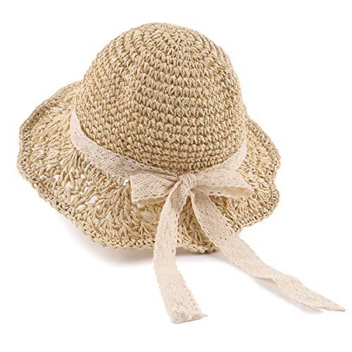 Baby Girl Straw Hat 3-6 Years Girls Summer Beach Hats with Bowknot Sun Protection Hats for Kids - color: Beige