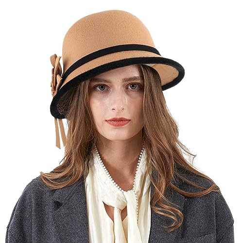 Ladies Wool Felt Bucket Hat Women Vintage Cloche Fedora Winter Church Bowler Hat with Bow - color: Khaki Flower