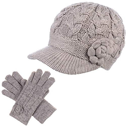 Womens Winter Elegant Cable Flower Knitted Newsboy Cabbie Cap Beret Beanie Hat with Visor, Warm Plush Fleece Lined - color: Dk.beige Cable Flower-hat Gloves Set # 2