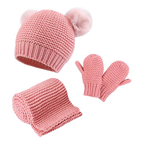 Duoyeree Baby Winter Hat Scarf Glove Beanie Set Fleece Lined Set 0-3T - color: Pink