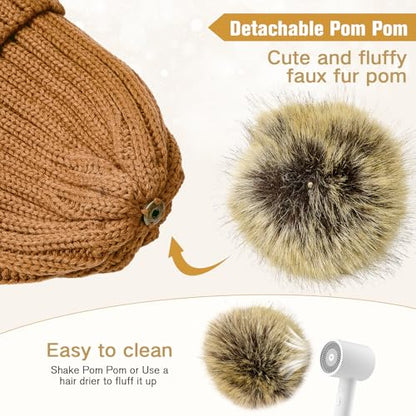Satin Lined Beanie for Women Knit Winter Hats Silk Lined Womens Beanie with Detachable Pom Pom - color: A Beige