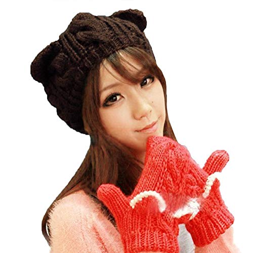 Women Winter Wool Baggy Beret Beanie Cute Devil Cat Ear Crochet Braided Knit Hat Ski Cap - color: Black