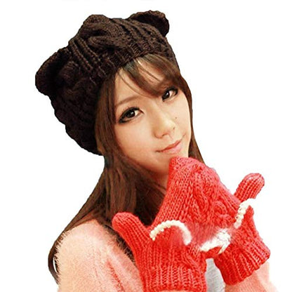 Women Winter Wool Baggy Beret Beanie Cute Devil Cat Ear Crochet Braided Knit Hat Ski Cap - color: Black