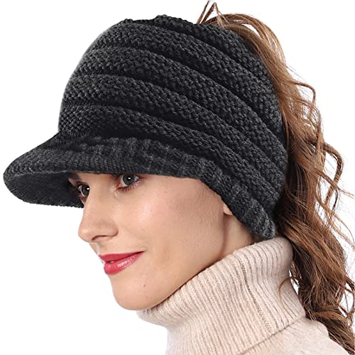 Women's BeanieTail Warm Knit Hat Messy High Bun Ponytail Visor Beanie Cap - color: A-dark Grey, size: Medium