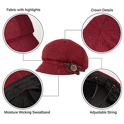 Women Retro Classic Visor Newsboy Cabbie Cap Beret Hats with Flower Buckle for Woman Ladies - color: 1red