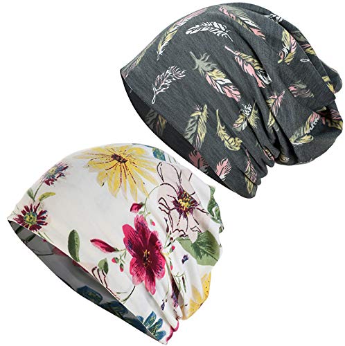 JarseHera Womens Slouchy Beanie Soft Chemo Headwear Breathable Cancer Caps - color: 2 Pair,gray Feather+flower Rose