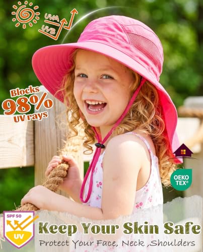 Home Prefer UPF50 Wide Brim Kids Sun Hat Neck Flap Boys Girls Sun Protection Hat for Beach Fishing - color: Hot Pink, size: 4-8 Years