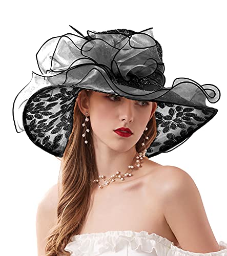 ORIDOOR Women’s Organza Church Tea Party Wedding Fascinator Derby Hat Wide Brim Sun Hats - color: Black
