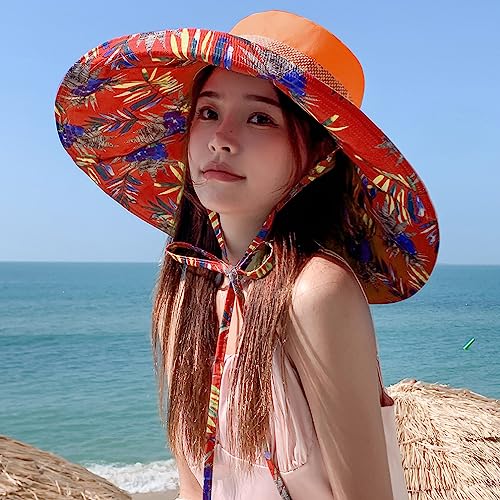 6" Extra Wide Brim Sun Hats UPF 50+ UV Protection Packable Beach Hat Strap Women - color: Orange