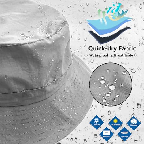 woogwin Waterproof Bucket Rain Hat with Chin Strap Quick Dry Packable Boonie Sun Hat Safari Hat UV Protection - color: Lightgrey