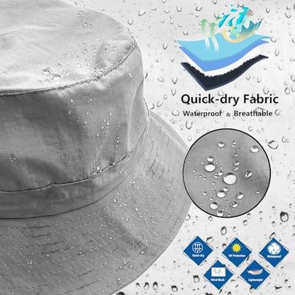woogwin Waterproof Bucket Rain Hat with Chin Strap Quick Dry Packable Boonie Sun Hat Safari Hat UV Protection - color: Lightgrey