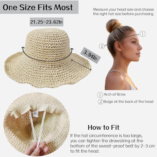 Womens Straw Beach Sun Hats, Foldable Packable Floppy Handmade Crochet Hats - color: Beige-a