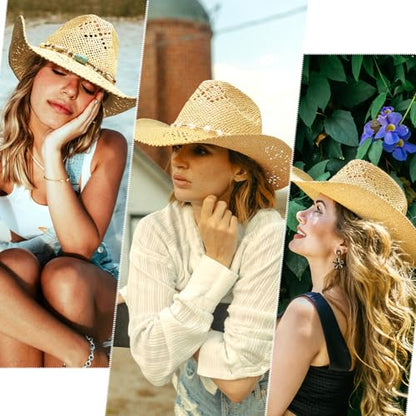 Men's Women's Straw Cowboy Hat, Western Cowgirl Hat, Wide Brim Hollow Out Sun Beach Hat with Three Decorative Bands - color: Pale Yellow