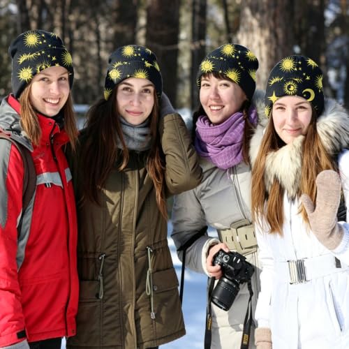 Beanie Knit Hat Winter Unisex Cuffed Beanies Skull Cap Warm Double Layer Thick Acrylic Cute for Girls Women Men - color: Sun Moon