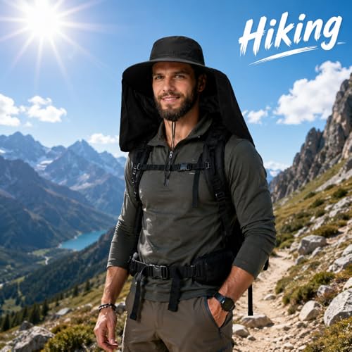 HUAMULAN Women Men Wide Brim Sun Hat Hiking Fishing Hats with Neck Flap - color: Black Solid