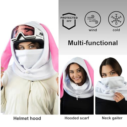 Fleece Balaclava Over Helmet - Warm Helmet Ninja Hood - Snowboard Hooded Hat Neck Gaiter Ski Mask - color: White&pink|bunny, size: One Size