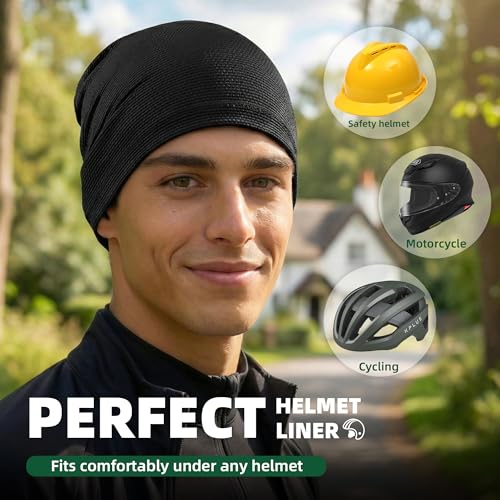 3 Pack Breathable Cooling Skull Cap Sweat Wicking Beanie for Cycling Running Helmet Liner Cap Under Hard Hat - color: Black+black+black