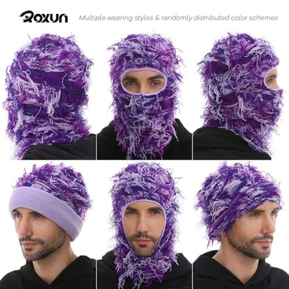 ROXUN Distressed Ski Mask Balaclava, Yeat Shiesty Fluffy Knitted Full Face - color: 01- Purple Mixed