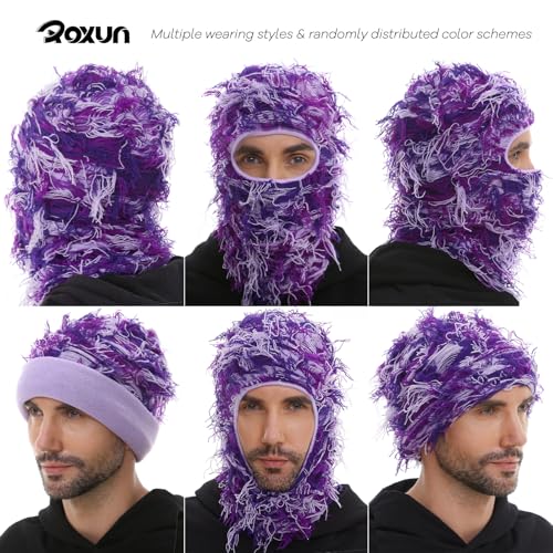 ROXUN Distressed Ski Mask Balaclava, Yeat Shiesty Fluffy Knitted Full Face - color: 01- Purple Mixed