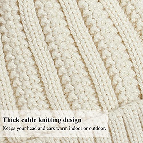 Muryobao Womens Satin Lined Beanie Hat with Faux Fur Pom Cuffed Winter Warm Knit Skull Cap - color: Beige