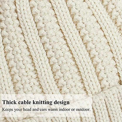 Muryobao Womens Satin Lined Beanie Hat with Faux Fur Pom Cuffed Winter Warm Knit Skull Cap - color: Beige