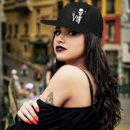 Snapback Hats for Men Flat Bill Brim Hats for Men Skeleton Skull Fitted Hat for Mens Black Baseball Hat Hip Hop ﻿ - color: Skeleton